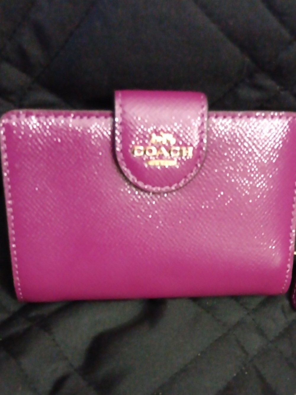 Coach Purple Saffiano Leather Compact Wallet with Gold Logo